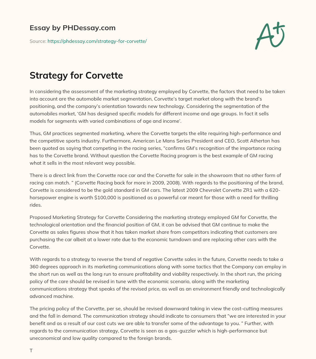 Strategy for Corvette essay