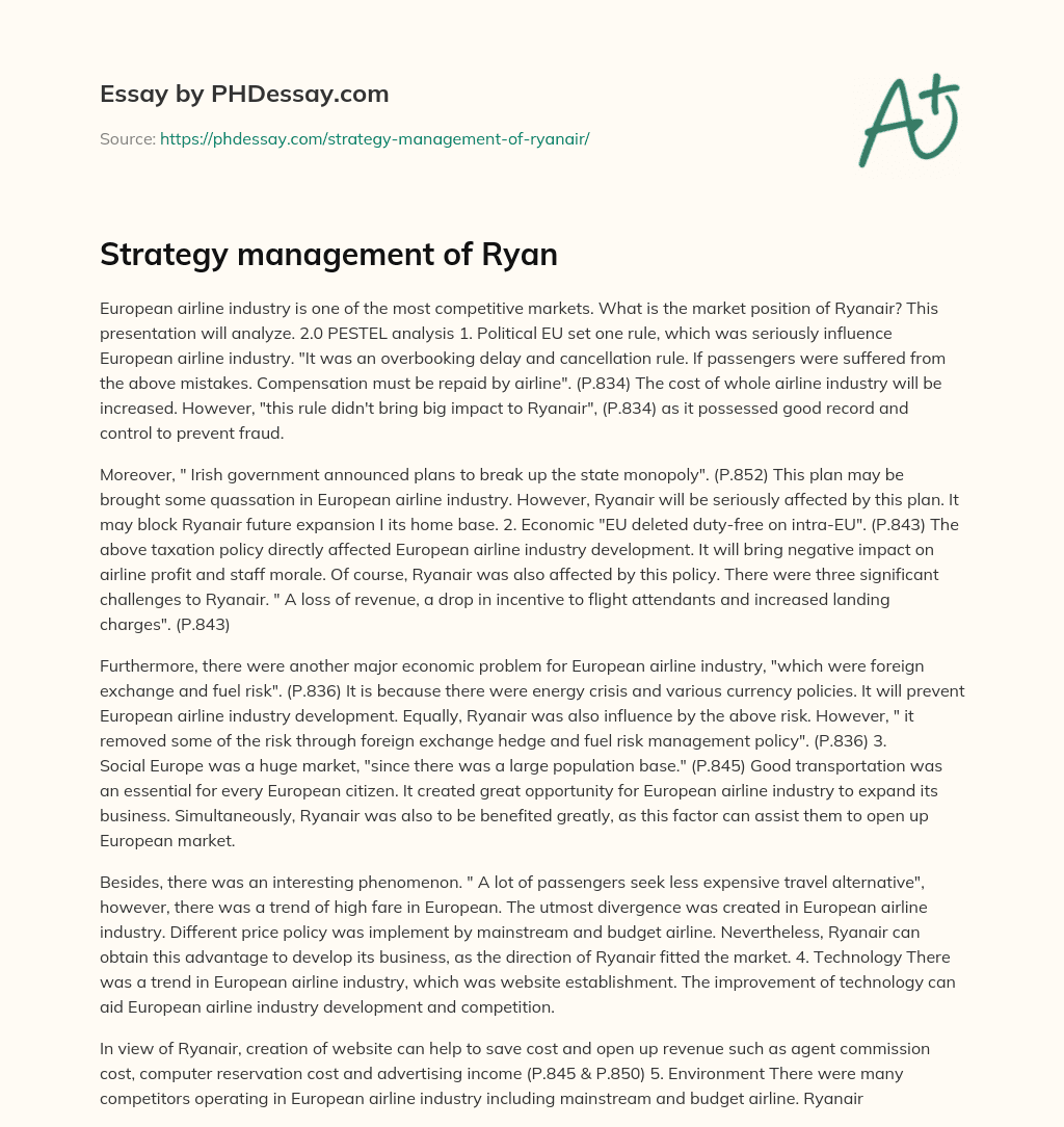 Strategy management of Ryan essay