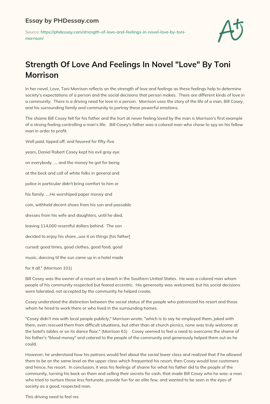 Strength Of Love And Feelings In Novel “Love” By Toni Morrison essay