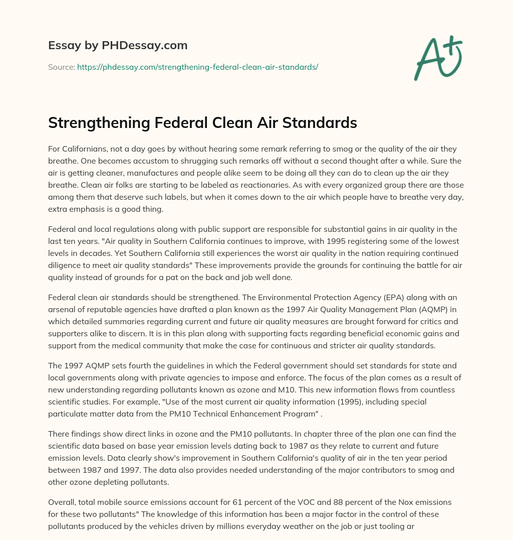 Strengthening Federal Clean Air Standards essay