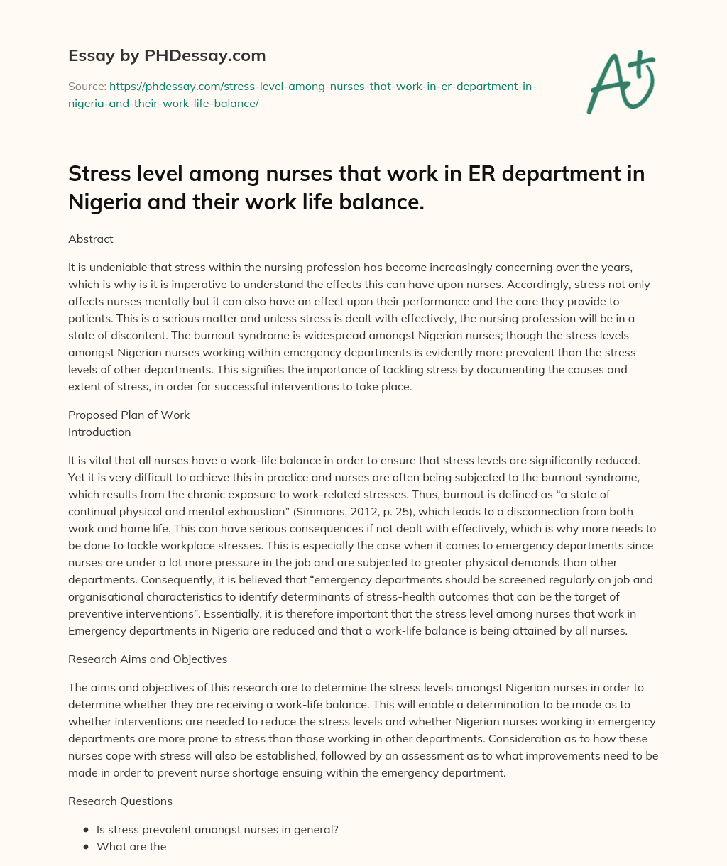 Stress in Nursing: Effects on Performance and Patient Care essay