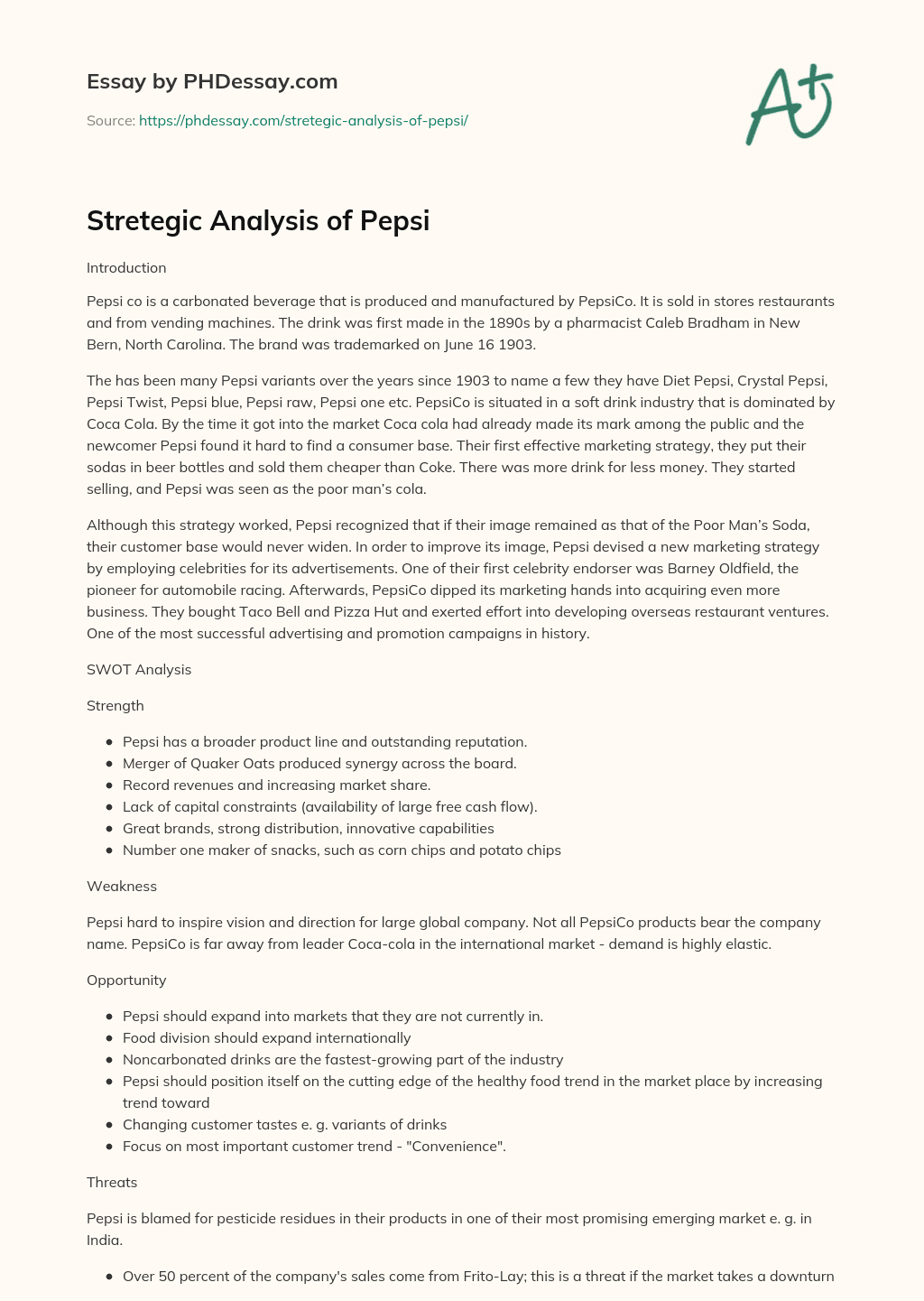 Stretegic Analysis of Pepsi essay