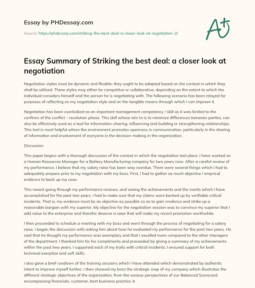 Essay Summary of Striking the best deal: a closer look at negotiation essay