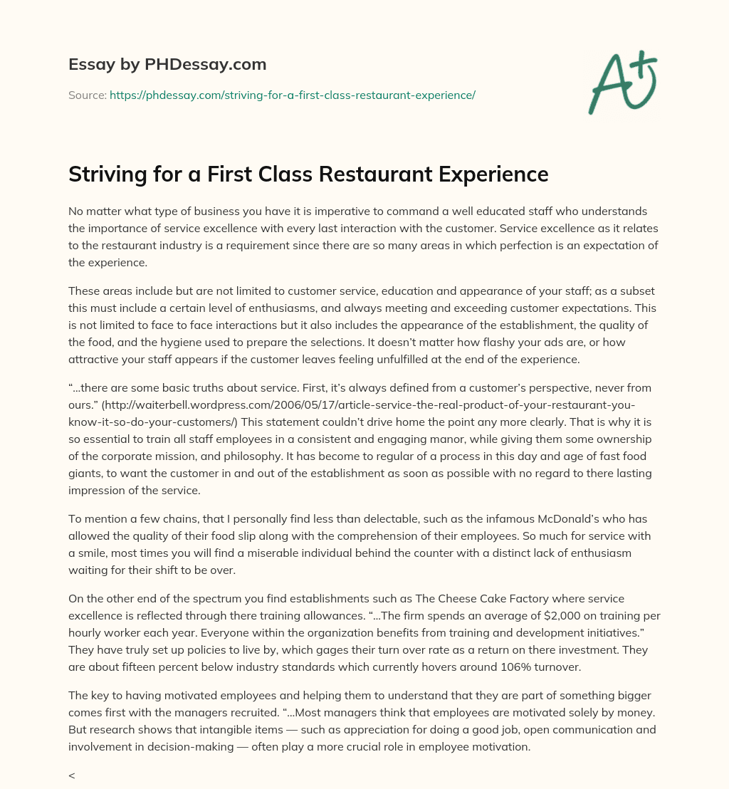 Striving for a First Class Restaurant Experience essay