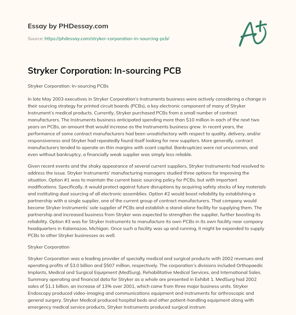 Stryker Corporation: In-sourcing PCB essay