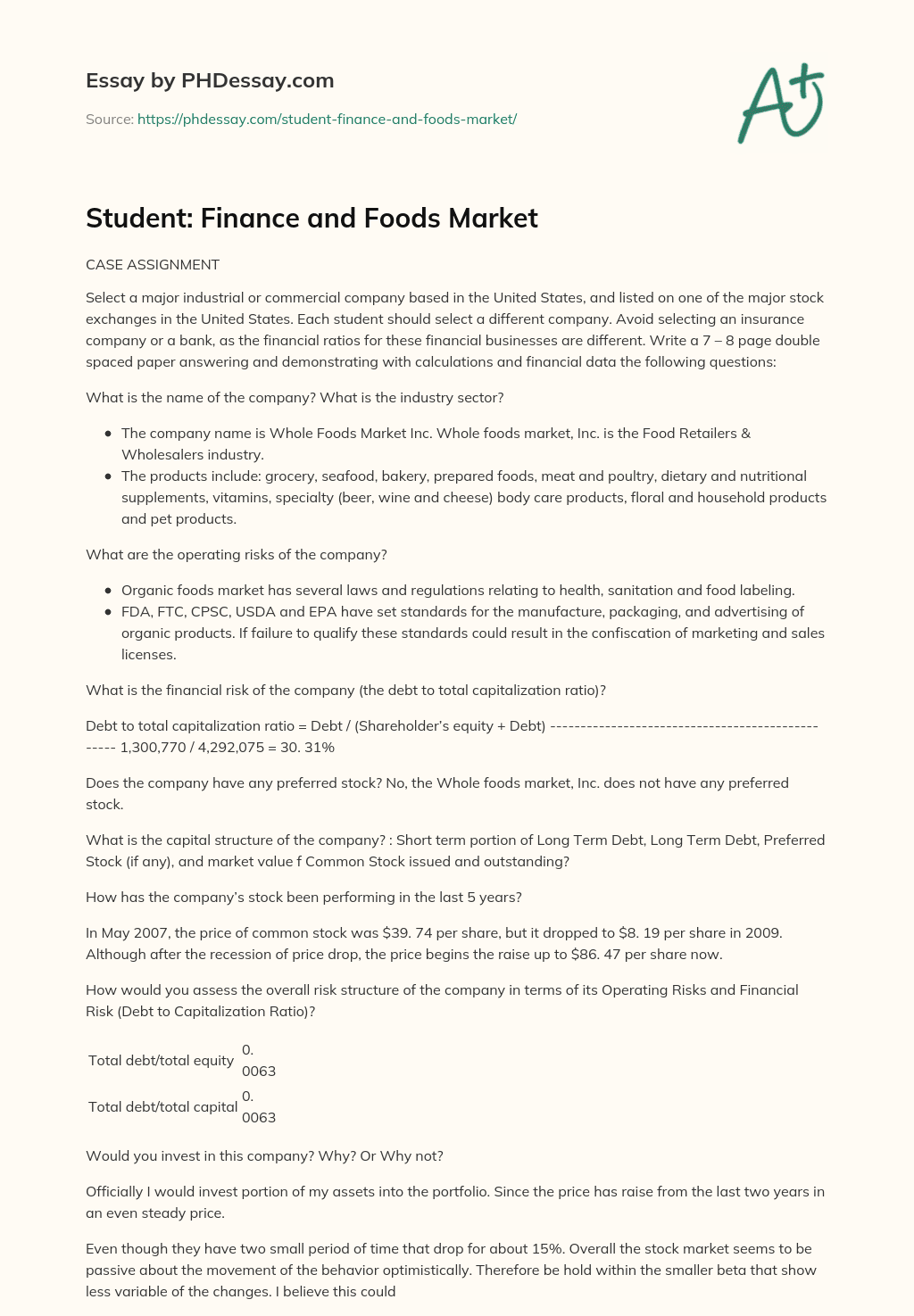Student: Finance and Foods Market essay