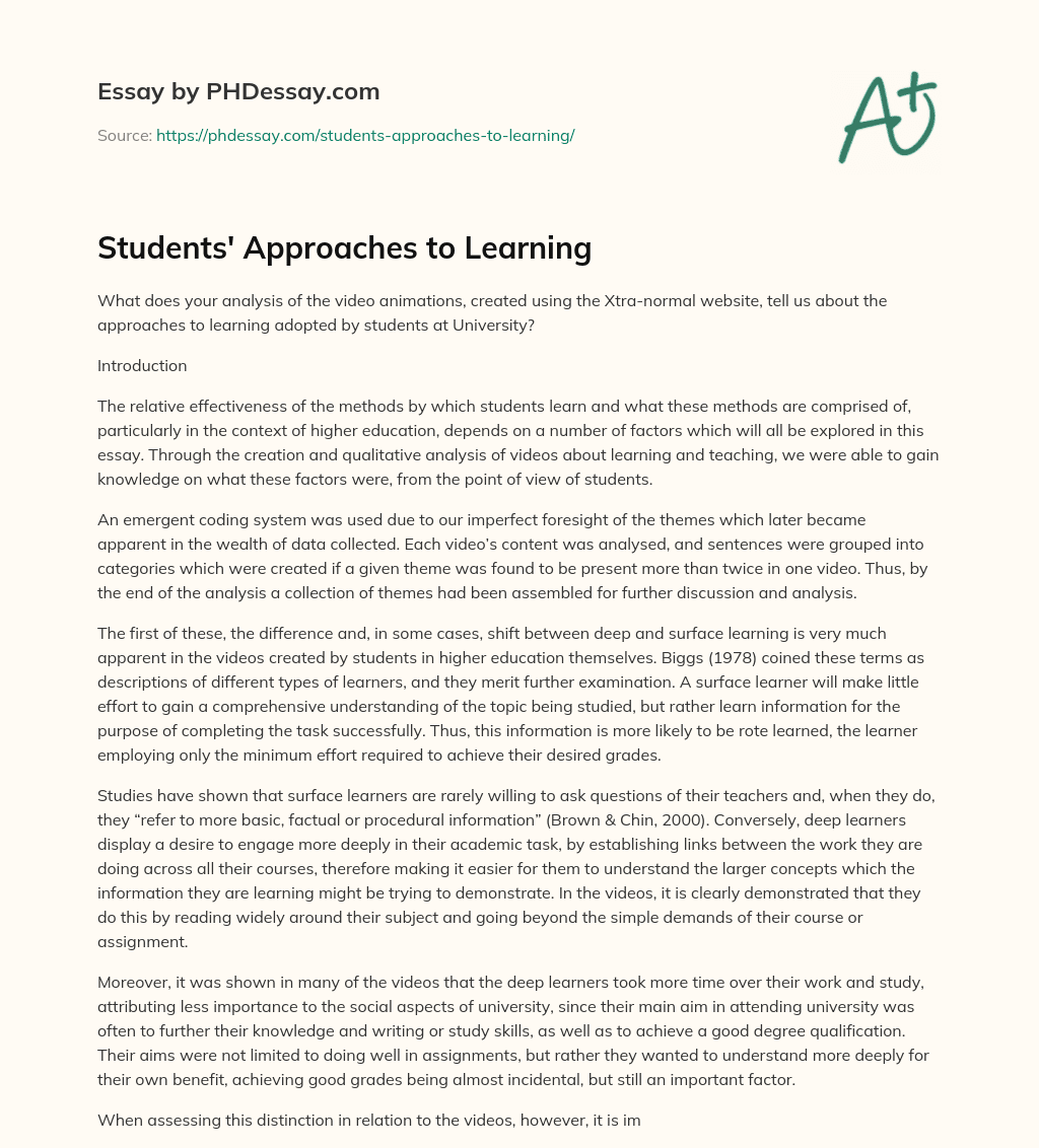 Students’ Approaches to Learning essay