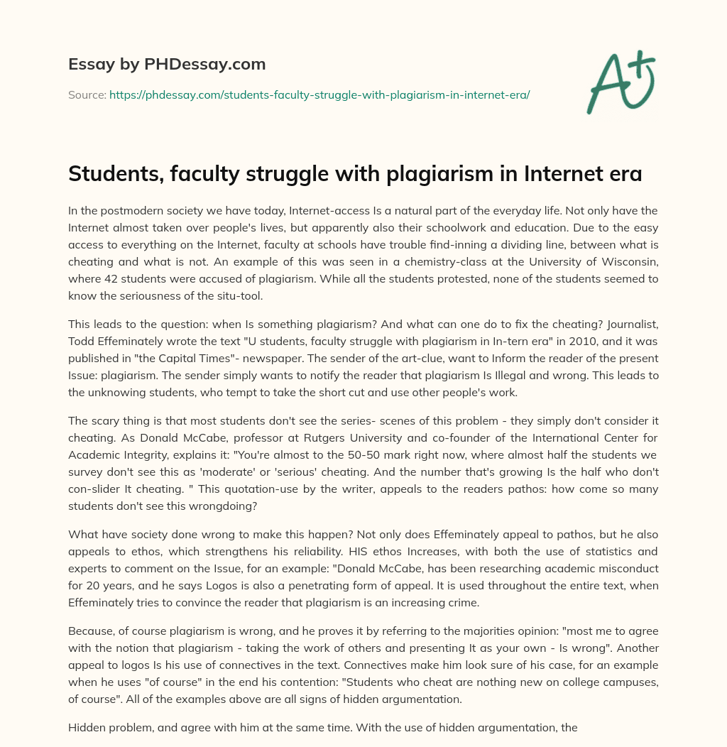 Students, faculty struggle with  plagiarism in Internet era essay