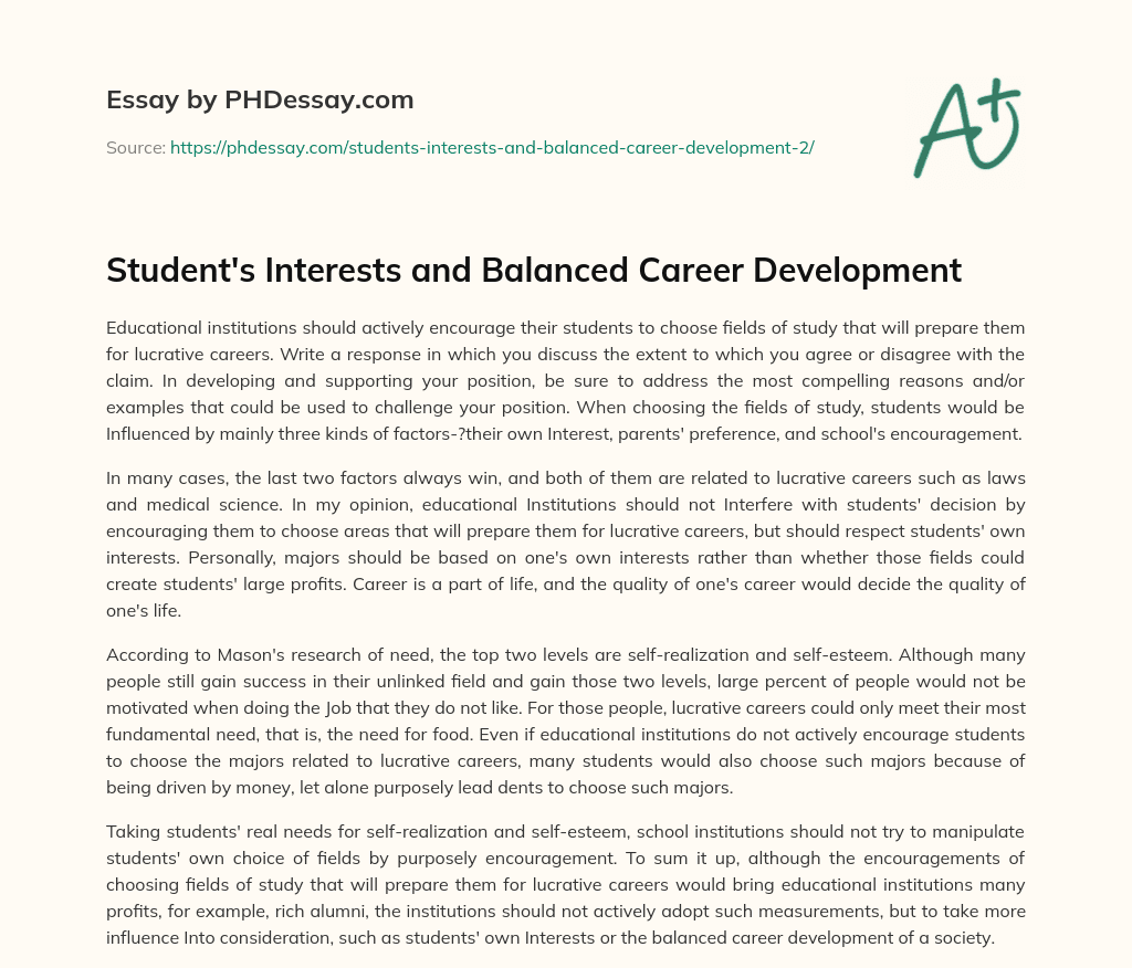 Student’s Interests and Balanced Career Development essay