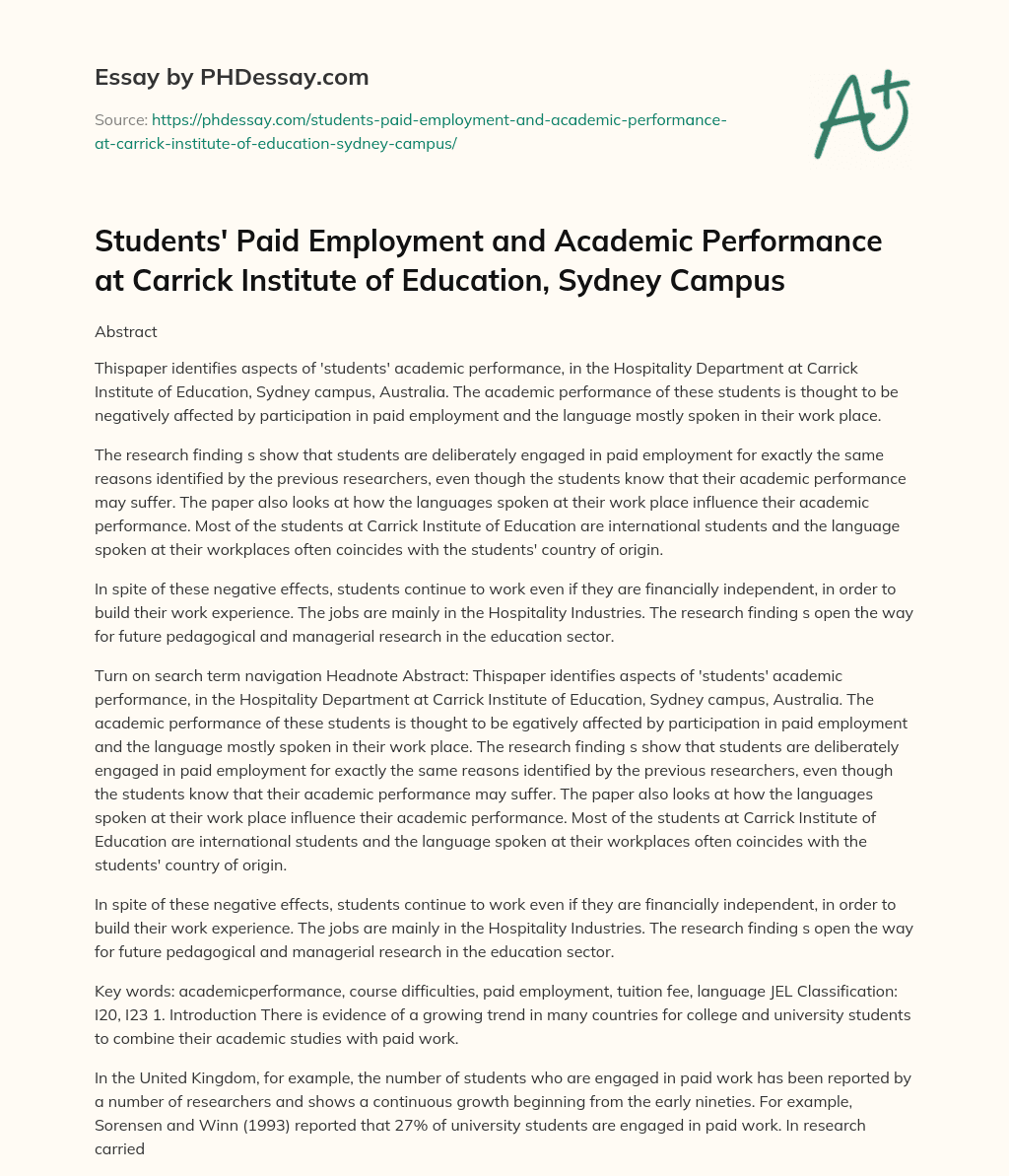 Students’ Paid Employment and Academic Performance at Carrick Institute of Education, Sydney Campus essay