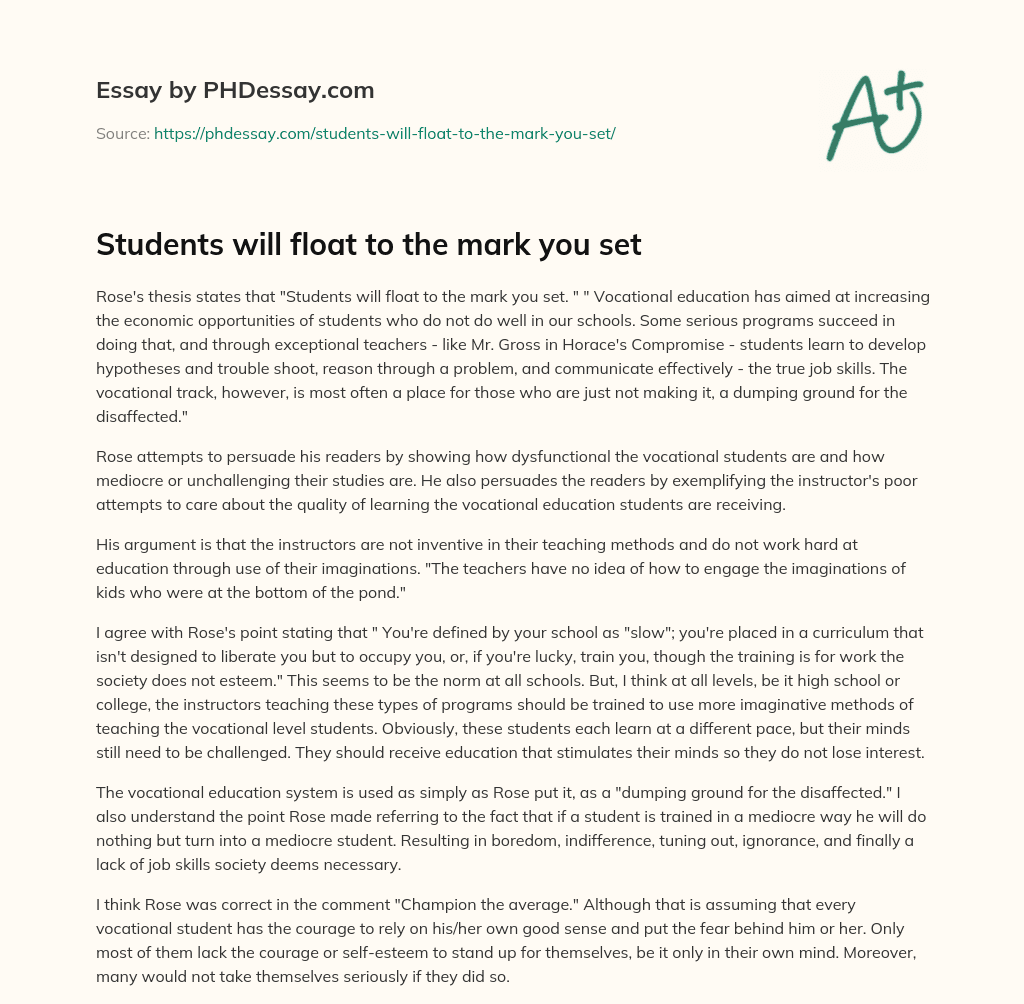 Students will float to the mark you set essay