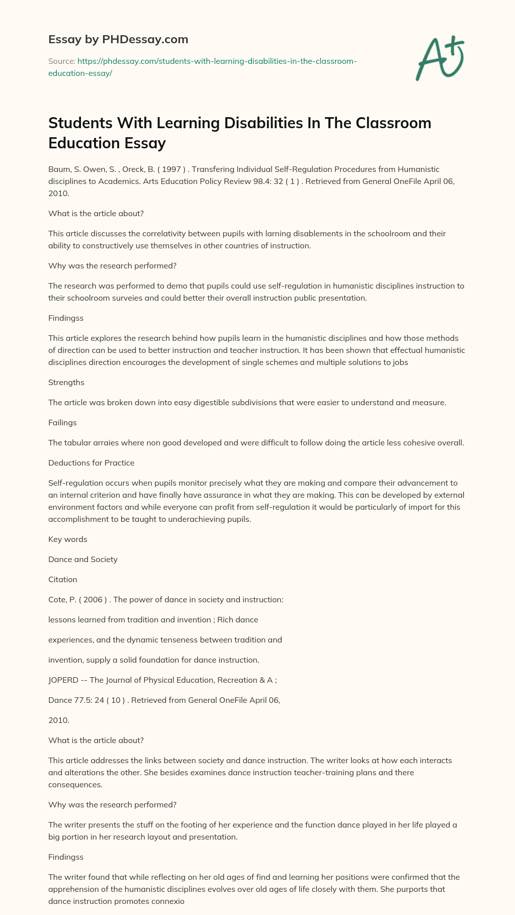 Students With Learning Disabilities In The Classroom Education Essay essay