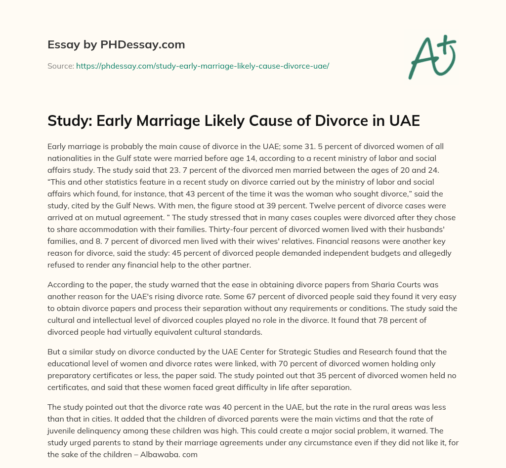 Study: Early Marriage Likely Cause of Divorce in UAE essay