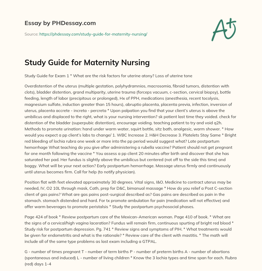 Study Guide for Maternity Nursing