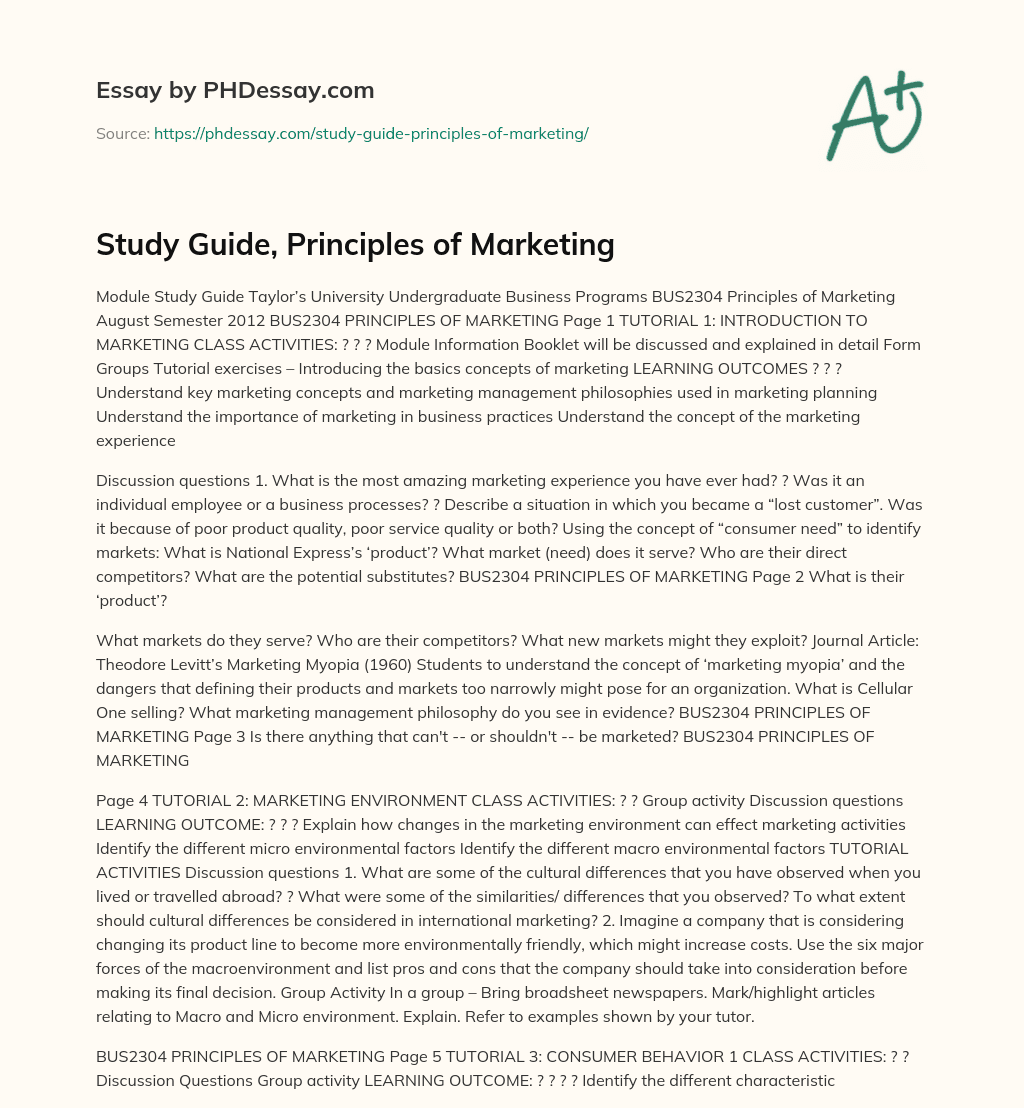 Study Guide, Principles of Marketing essay