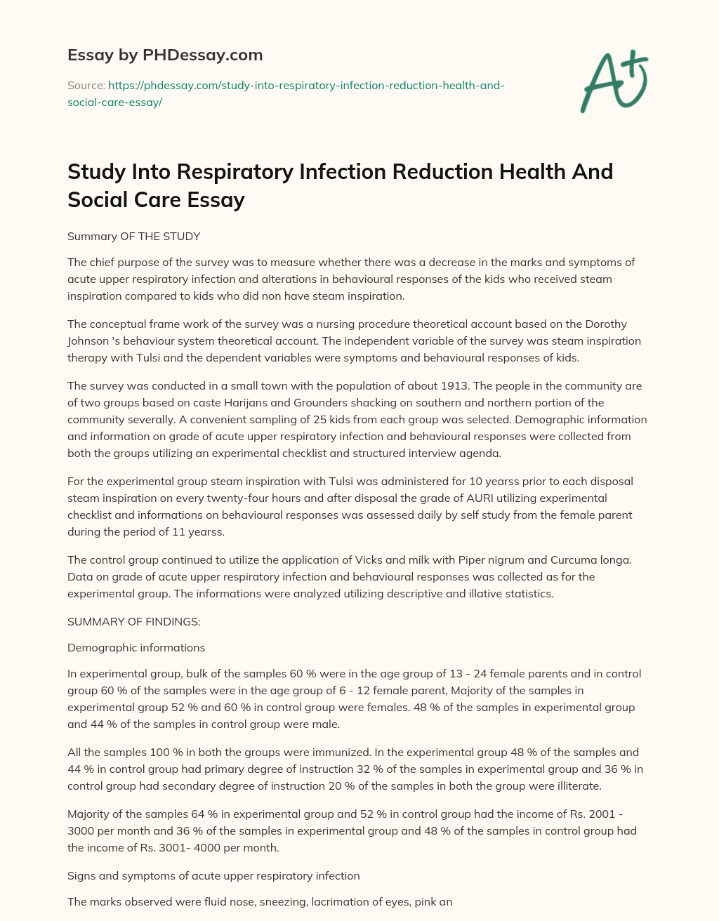 Study Into Respiratory Infection Reduction Health And Social Care Essay essay