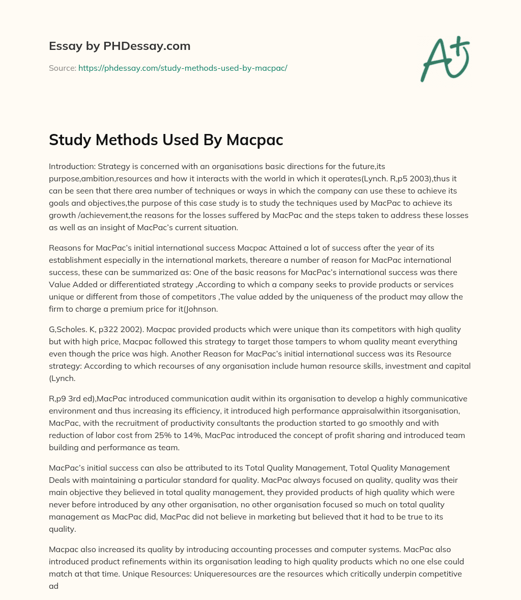 Study Methods Used By Macpac essay