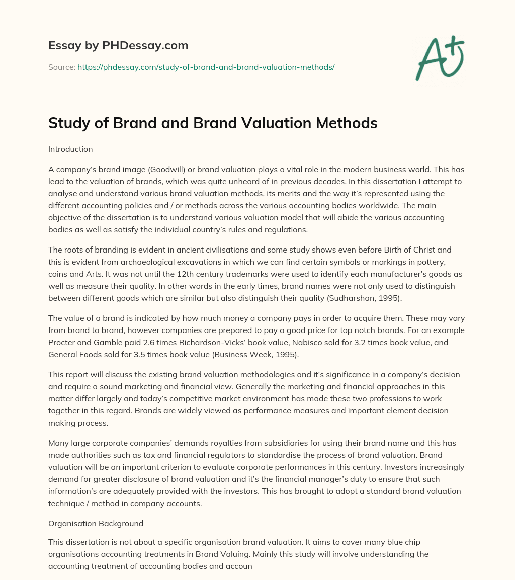 Study of Brand and Brand Valuation Methods essay