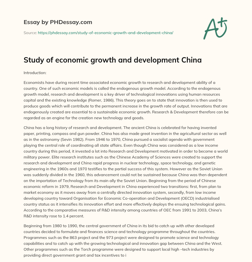 Study of economic growth and development China essay