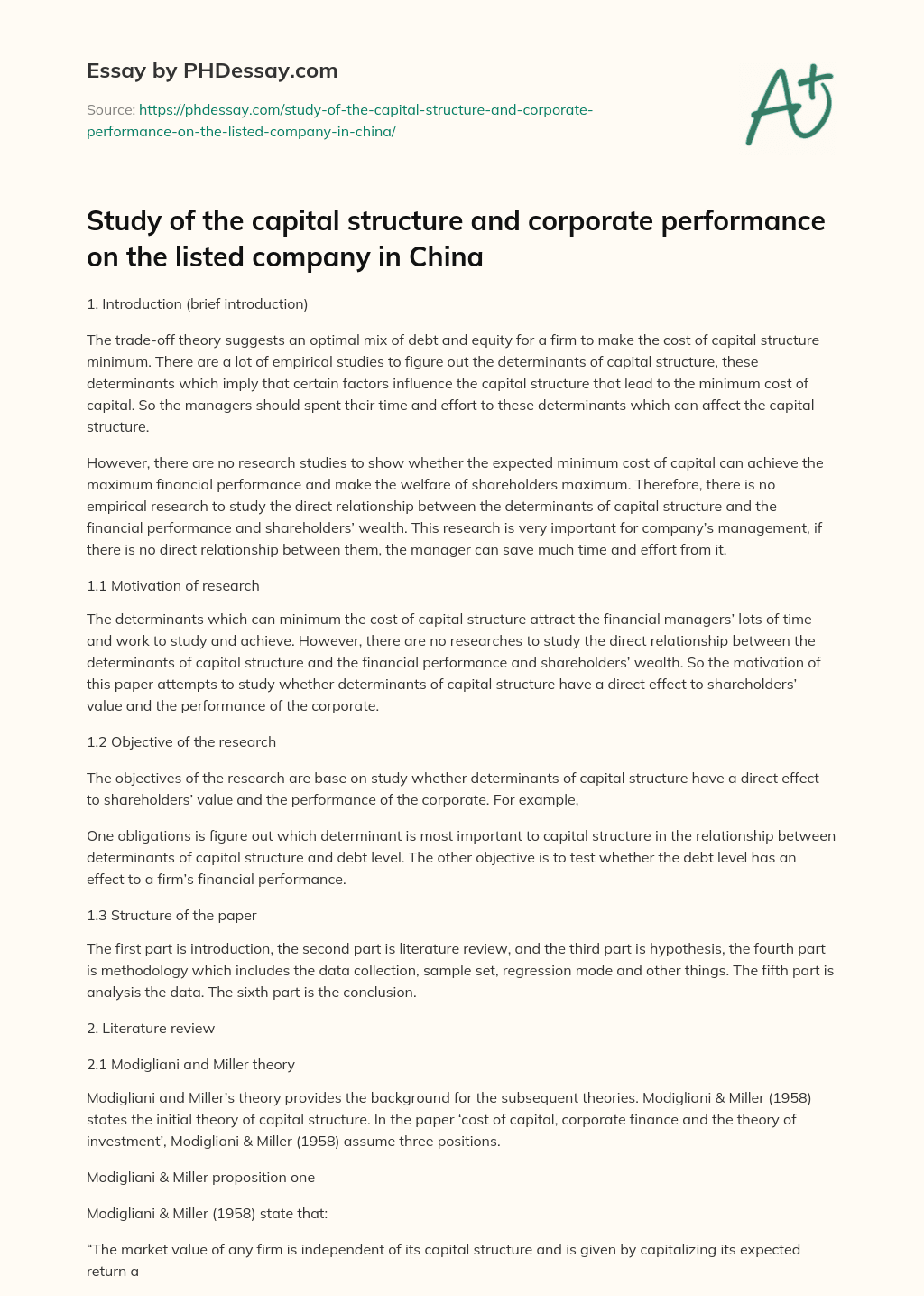 Study of the capital structure and corporate performance on the listed company in China essay