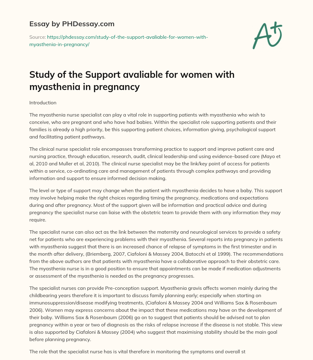 Study of the Support avaliable for women with myasthenia in pregnancy essay
