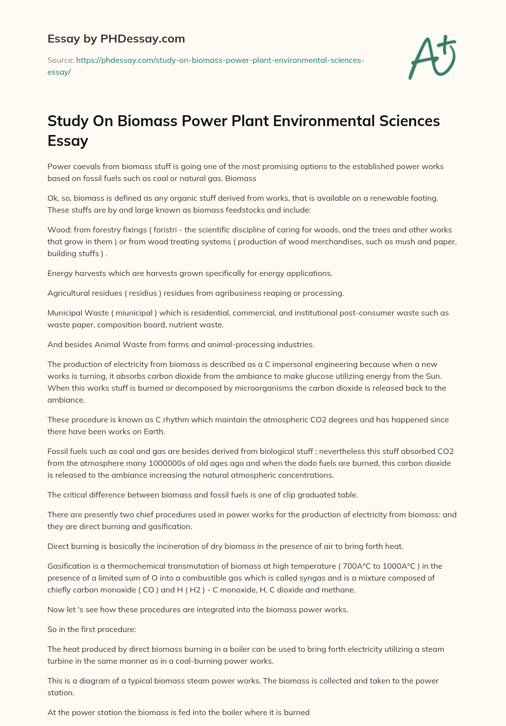 Study On Biomass Power Plant Environmental Sciences Essay essay