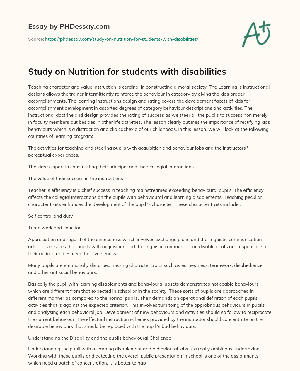Study on Nutrition for students with disabilities essay