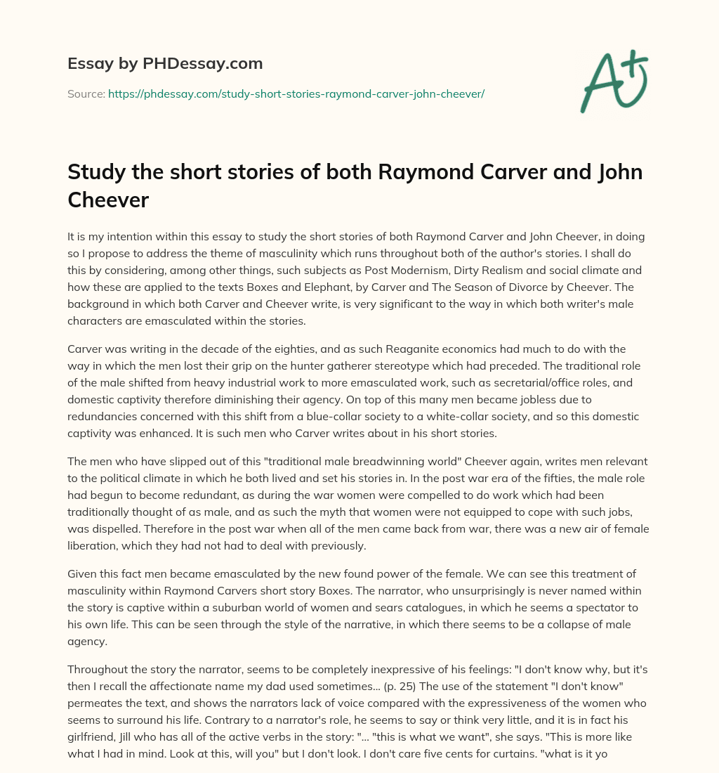 Study the short stories of both Raymond Carver and John Cheever essay