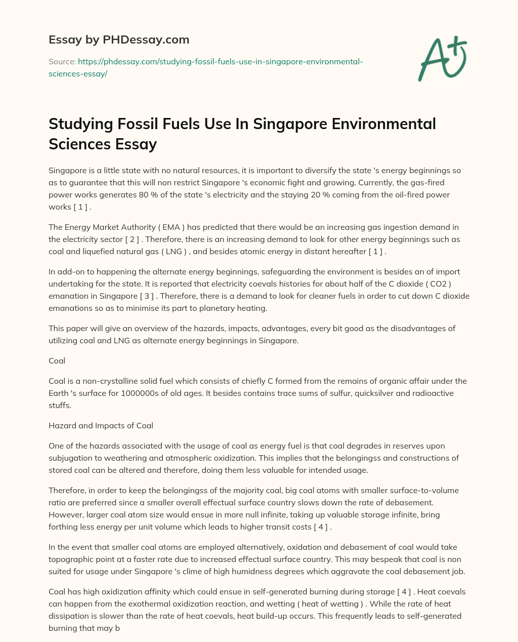 Studying Fossil Fuels Use In Singapore Environmental Sciences Essay essay