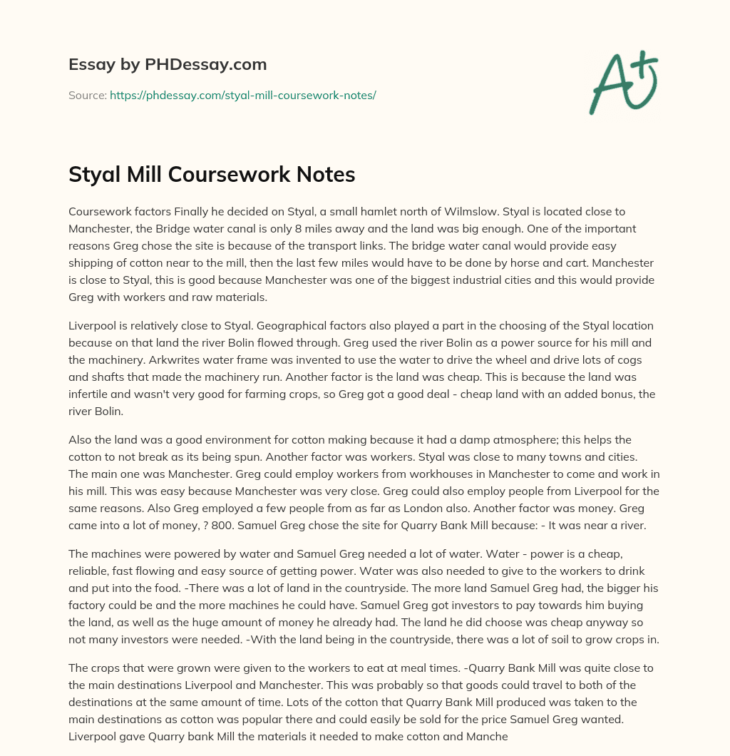 Styal Mill Coursework Notes essay