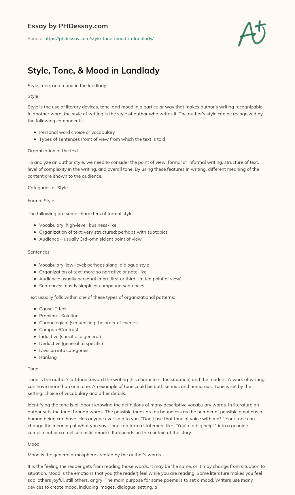 Style, Tone, & Mood in Landlady essay
