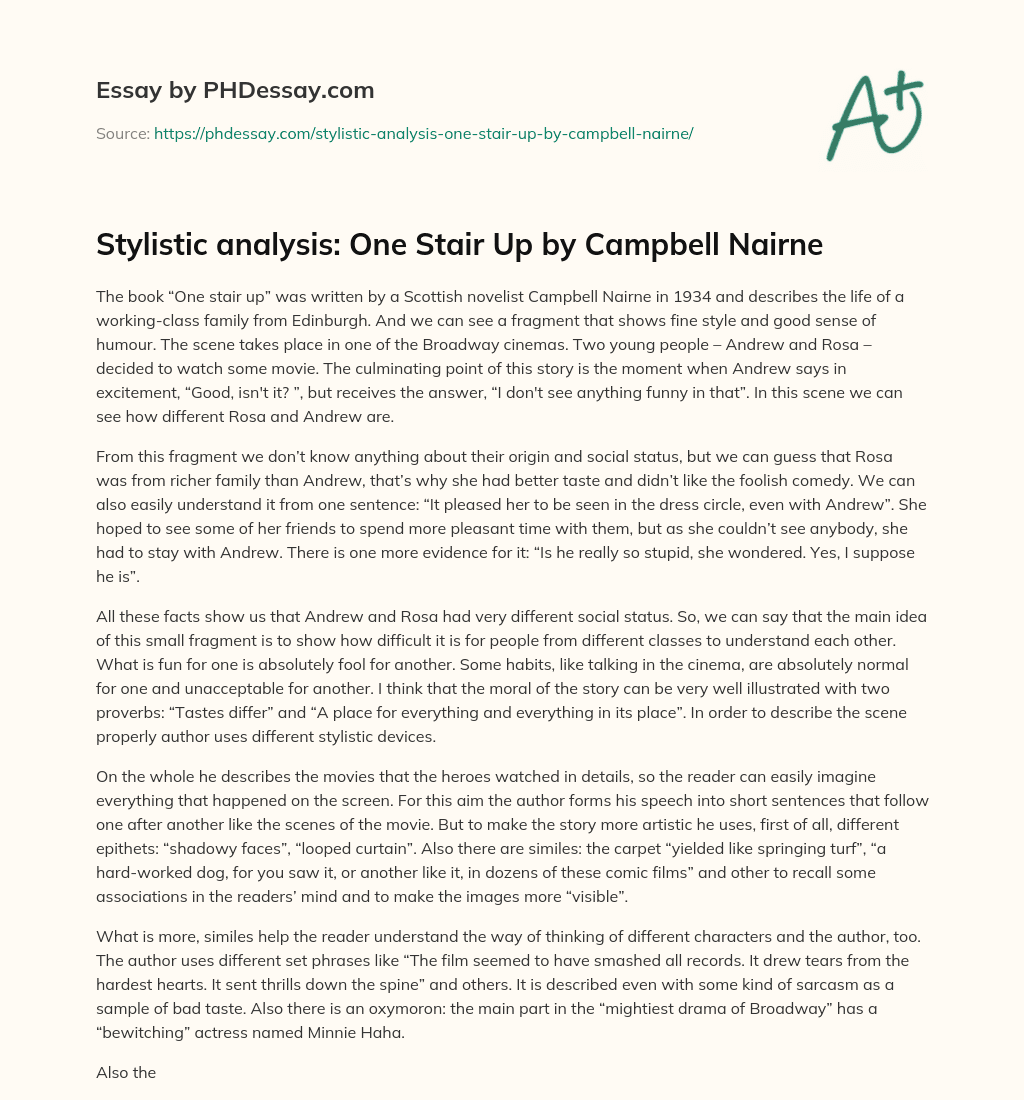 Stylistic analysis: One Stair Up by Campbell Nairne essay