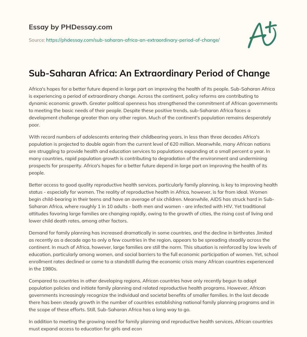 Sub-Saharan Africa: An Extraordinary Period of Change essay