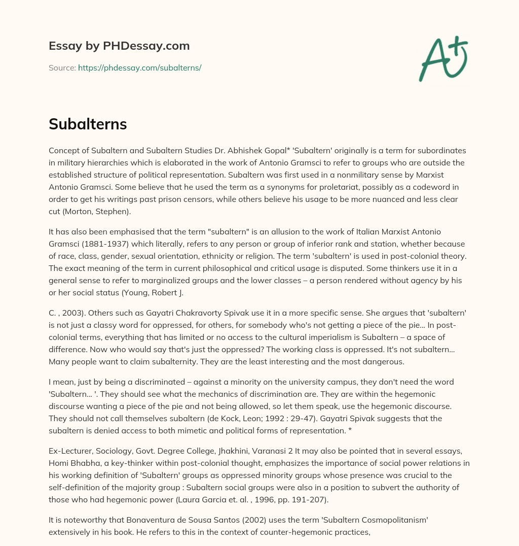 The Concept of Subaltern and Subaltern Studies essay