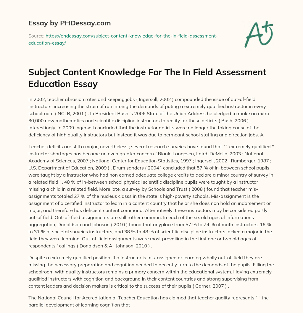 Subject Content Knowledge For The In Field Assessment Education Essay essay