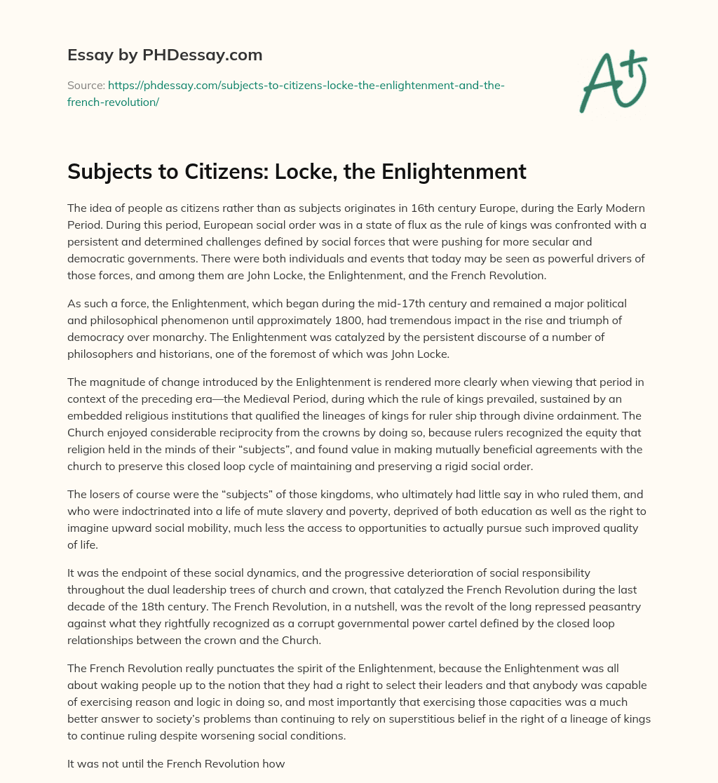 Subjects to Citizens: Locke, the Enlightenment essay