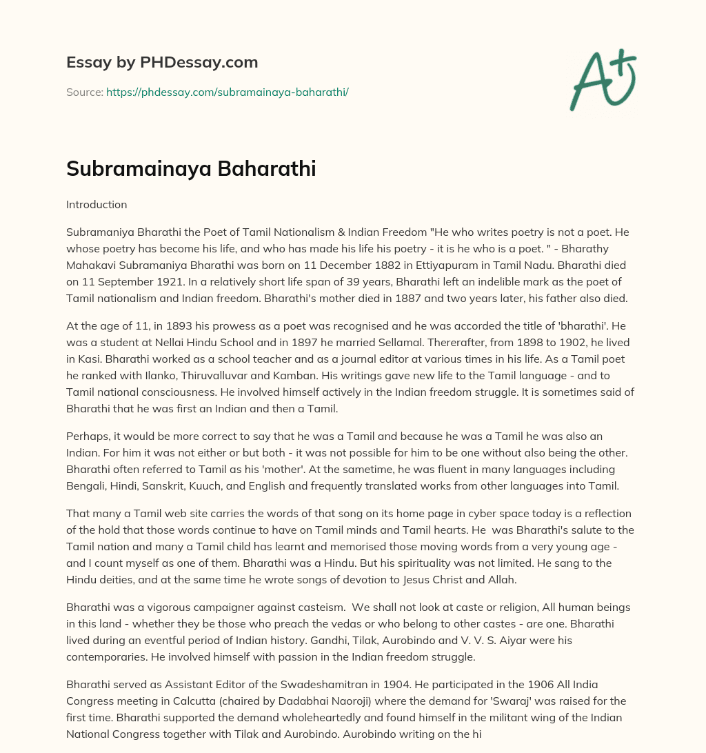 Subramainaya Baharathi essay
