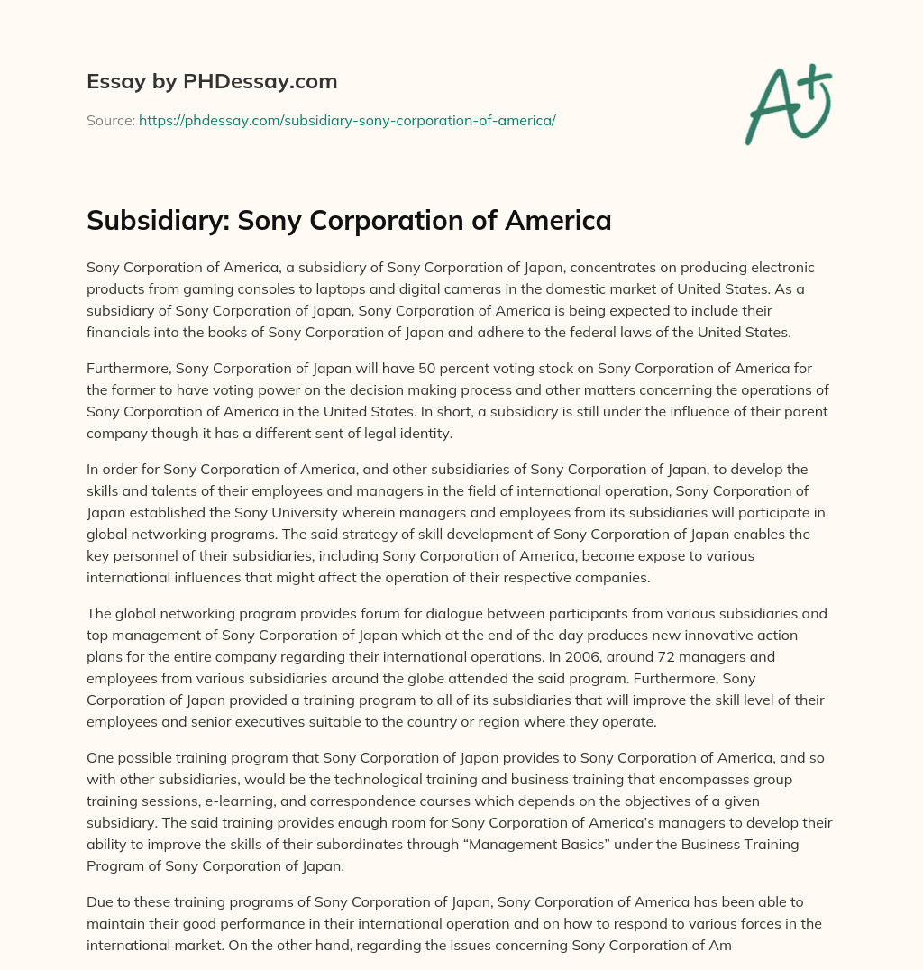 Subsidiary: Sony Corporation of America essay
