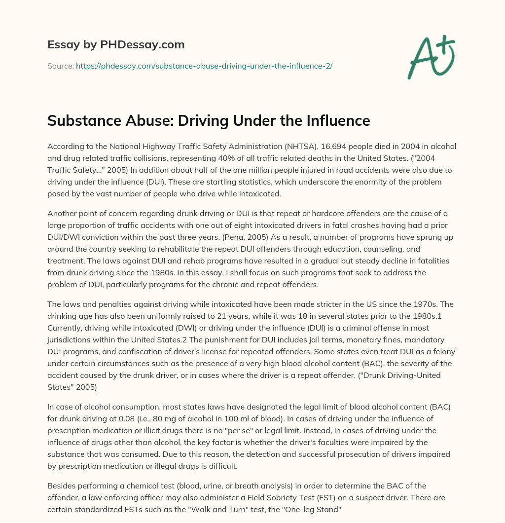 Substance Abuse: Driving Under the Influence essay