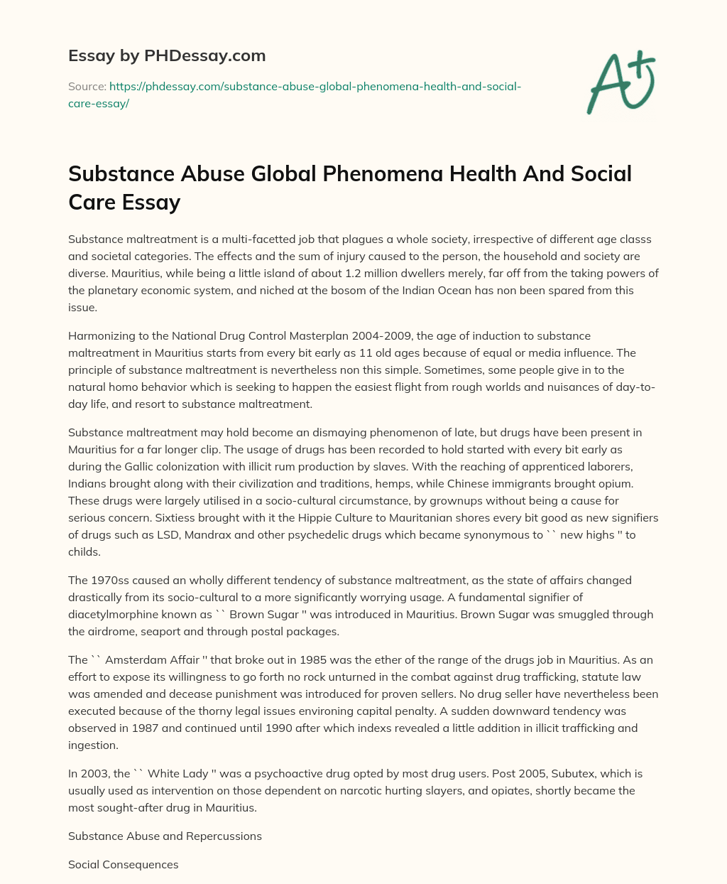 Substance Abuse Global Phenomena Health And Social Care Essay essay
