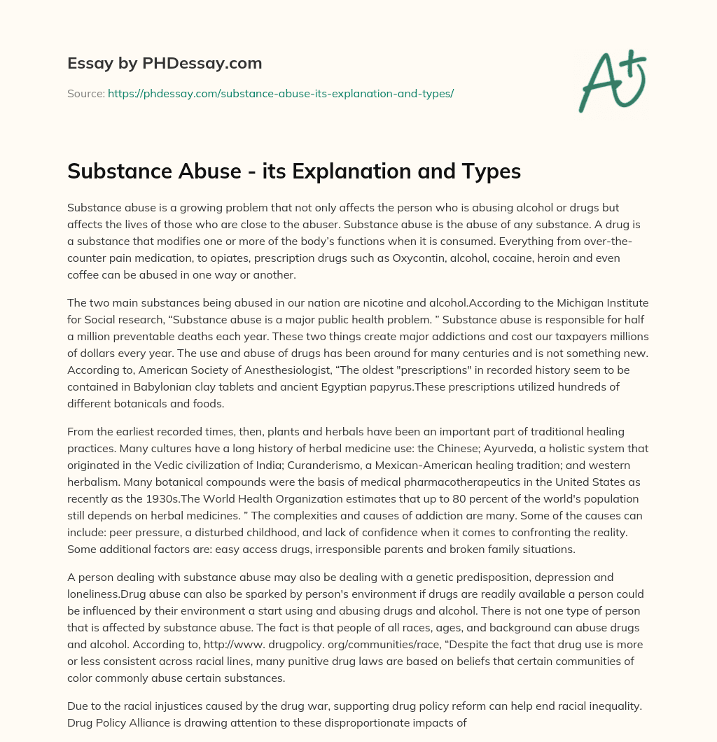 Substance Abuse – its Explanation and Types essay