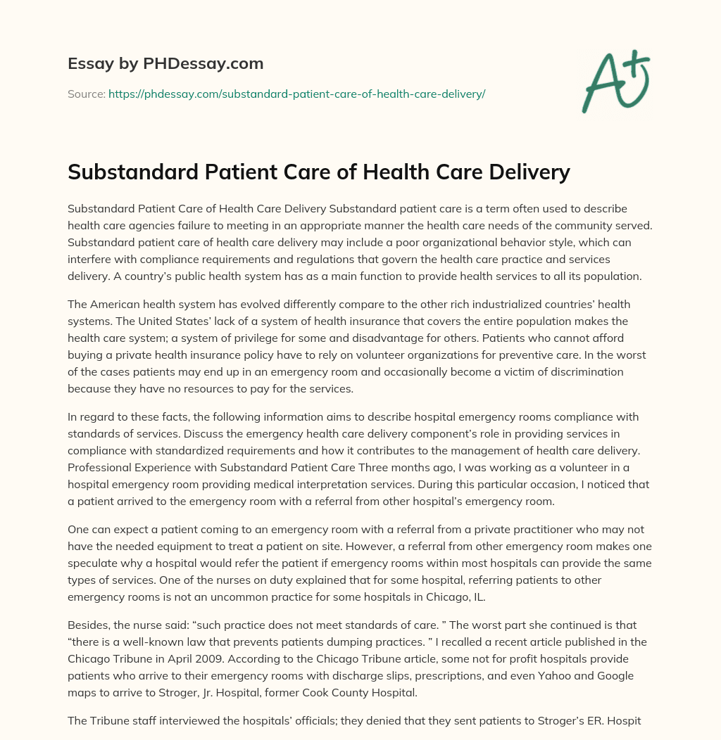 Substandard Patient Care of Health Care Delivery essay