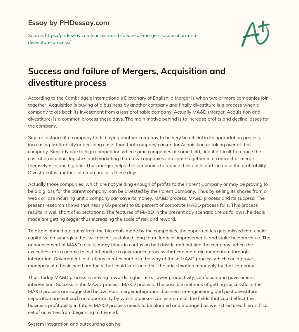 Success and failure of Mergers, Acquisition and divestiture process essay