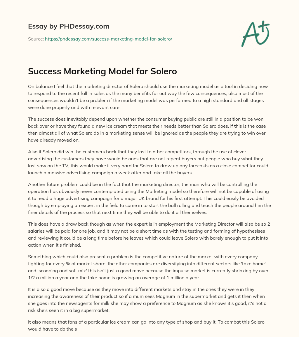 Success Marketing Model for Solero essay