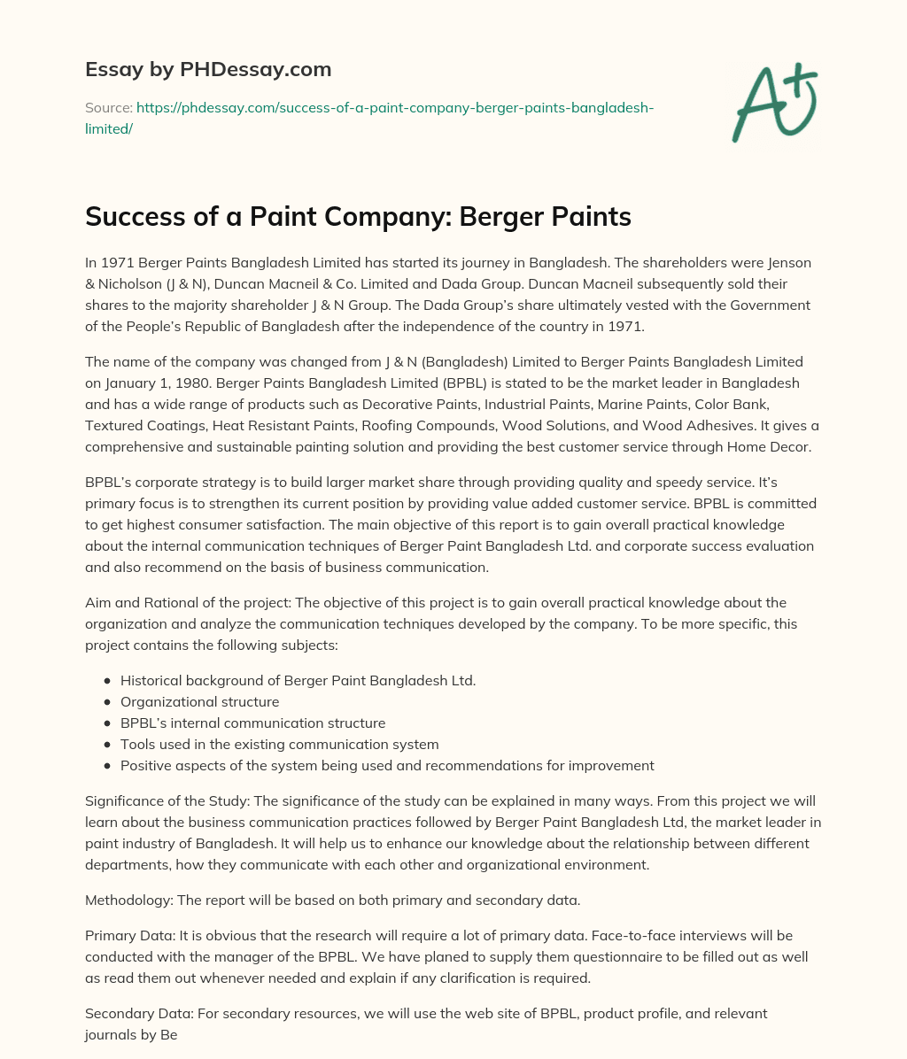 Success of a Paint Company: Berger Paints essay