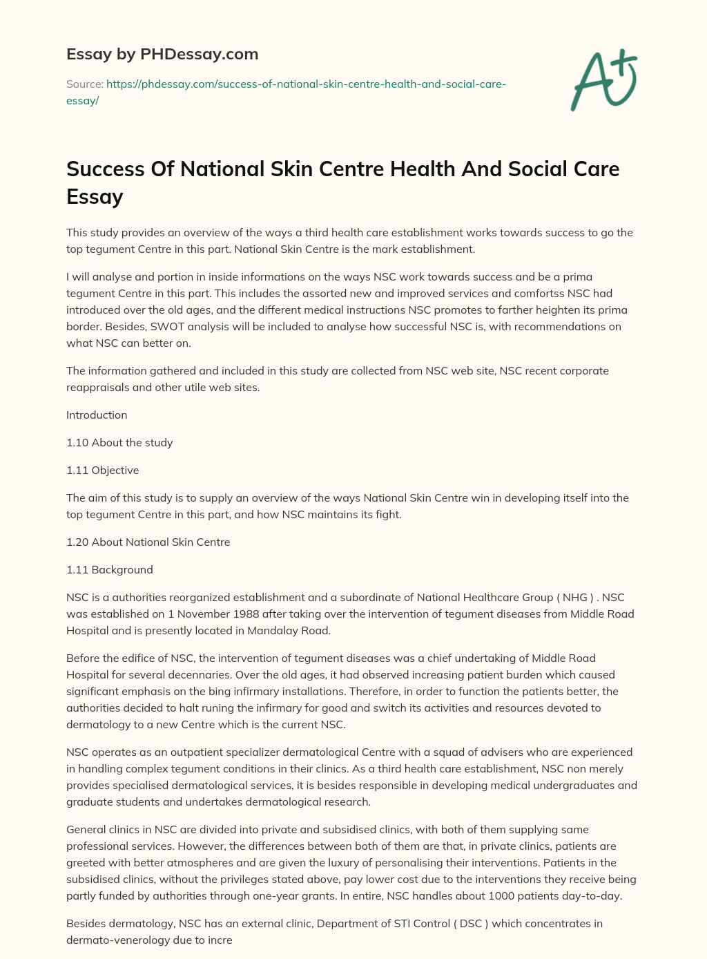 Success Of National Skin Centre Health And Social Care Essay essay