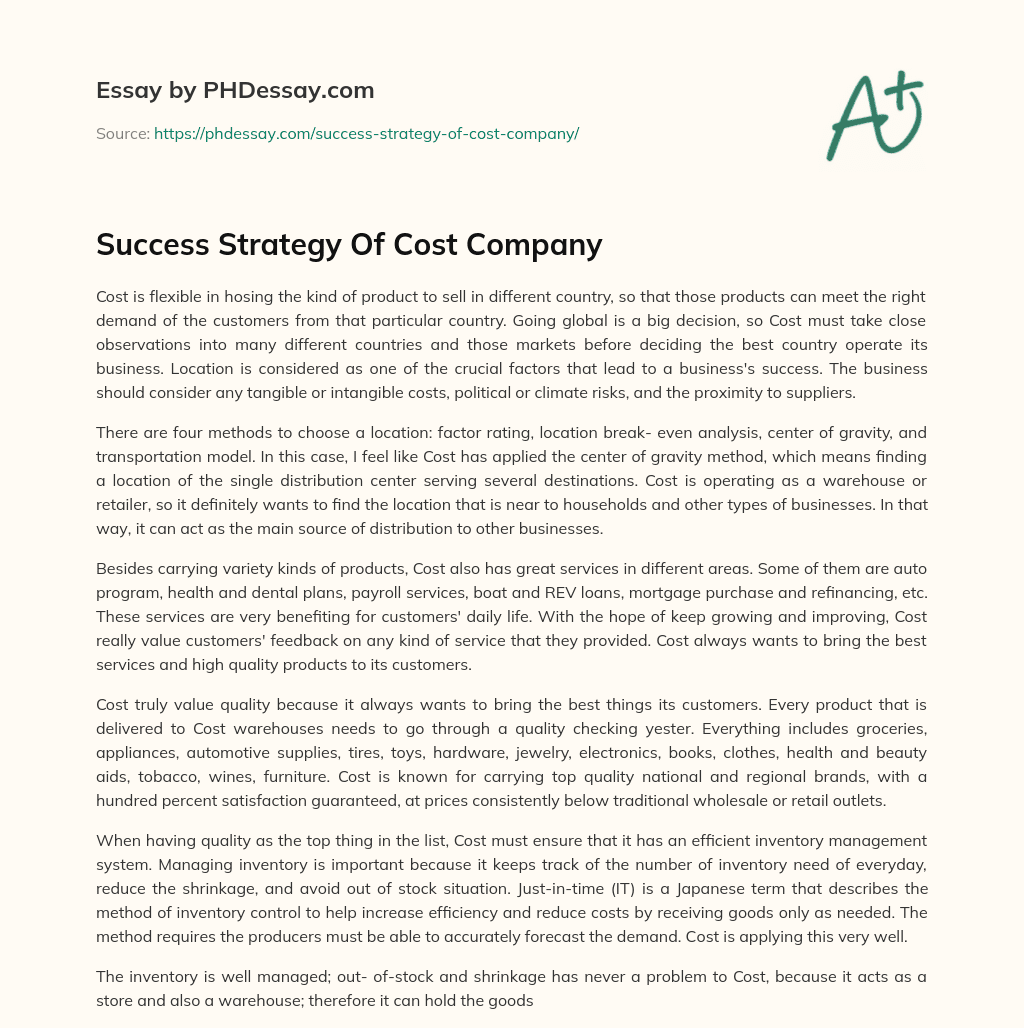 Success Strategy Of Cost Company essay