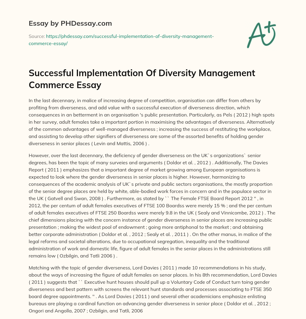 Successful Implementation Of Diversity Management Commerce Essay essay