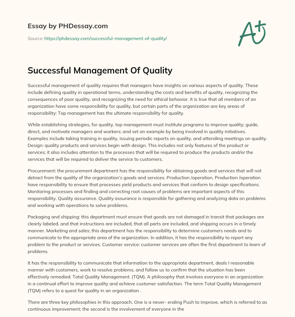 Successful Management Of Quality essay