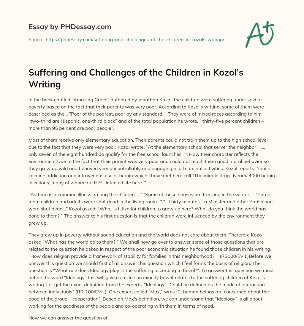 Suffering and Challenges of the Children in Kozol’s Writing essay